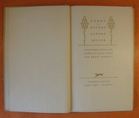 Image for Poems of Alcman, Sappho, Ibycus: Rendered from the Greek by Olga Marx and Ernst Morwitz.